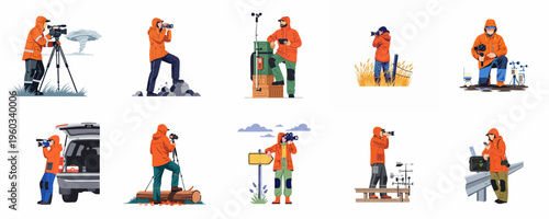Set of illustrations featuring storm chasers and field researchers in orange gear using cameras and scientific equipment in various outdoor environments