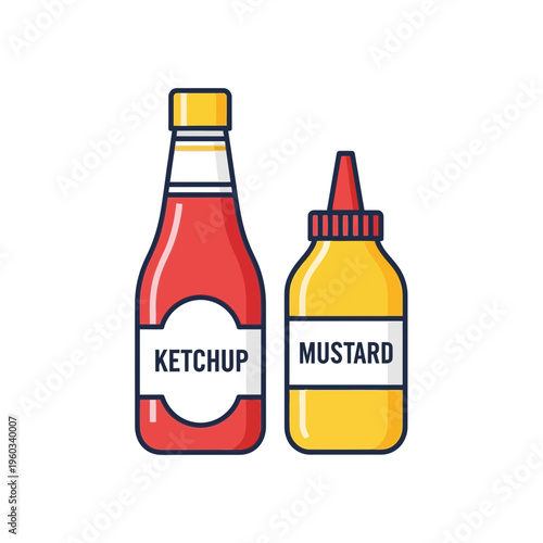 Ketchup and mustard bottles side by side.