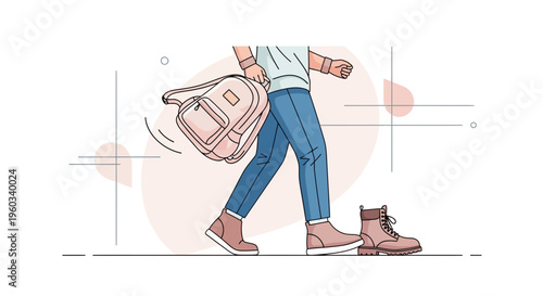 Modern Minimalist Person Walking With Backpack And Boots On White Background
