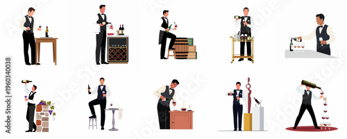 Set of professional male sommelier illustrations in formal attire, showcasing wine serving tasks like pouring, decanting, and presenting bottles in elegant restaurant settings.