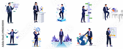 Collection of flat illustrations of businesspeople interacting with blockchain, fintech, cryptocurrency, and digital transformation concepts for modern finance and business technology.