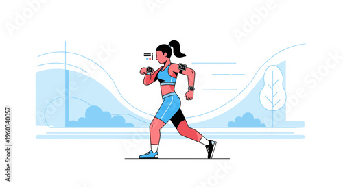 Modern Woman Running Outdoors With Fitness Trackers Enhancing Her Workout