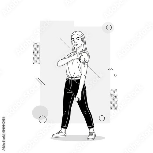 Modern Young Woman Displaying Artistic Arm Tattoo And Confident Stance Minimalist Line Art
