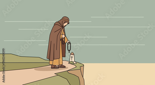 Monk On Cliff Holding Prayer Beads Meditating