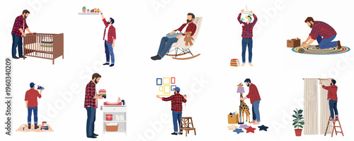 Flat vector illustration set of a man preparing, decorating, and furnishing a baby nursery room in various poses.