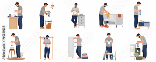 Collection of flat vector illustrations of a father organizing and preparing baby clothes and nursery items for his newborn infant.
