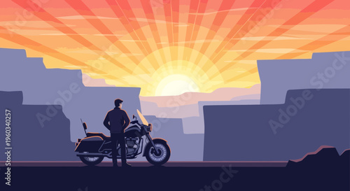 Motorcycle Rider Contemplating A Fiery Desert Sunrise Adventure Awaits