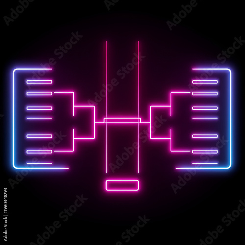 Glowing neon or outline championship single elimination tournament bracket or tree diagram isolated on neon . Fields for 8 players or teams, 4 from each side. It 4k video animation.