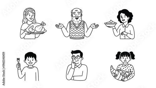 Diverse People with Food and Emotions: Simple Line Art Set for Family Meals & Gatherings