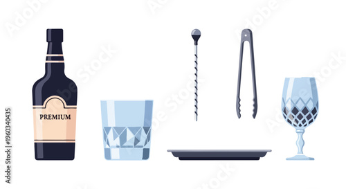 Flat lay of a bottle of premium liquor with a short tumbler glass, a wine glass, a muddler, tongs, and a black serving tray on a white background.
