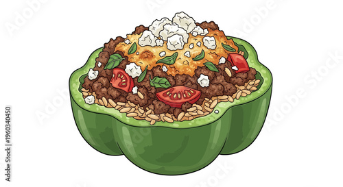 Stuffed Green Pepper with Ground Beef, Rice, Tomatoes, and Feta Cheese