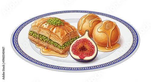 Sweet Dessert Platter: Baklava, Loukoumades, and Fig