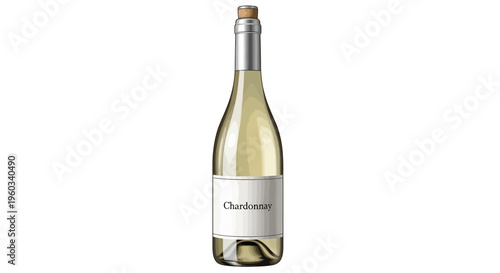 White wine bottle with blank label and cork, isolated on white background