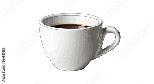 White ceramic cup filled with dark espresso coffee, isolated on white background.