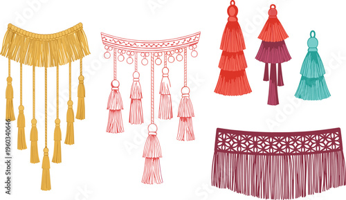 Vector, illustration, of, various, bohemian, tassels, fringe, and, macrame, wall, hangings, in, warm, colors, for, ethnic, interior, fashion, and, decor