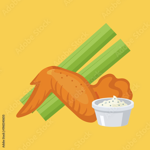 Chicken wings with celery sticks.
