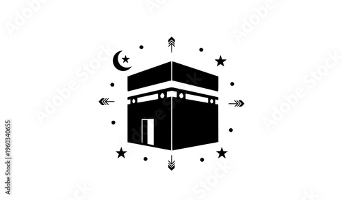 Kaaba Mecca Silhouette Icon Vector with Crescent Moon and Qibla Symbol for Eid Mubarak Hajj and Umrah Islamic Design