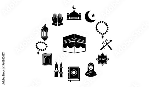 Islamic Kaaba Icon Set Circular Layout Vector with Eid Mubarak Hajj Umrah Symbols and Qibla Direction Design