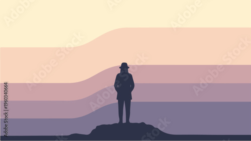 A lone figure stands on a soft evergreen background with pastel colors.