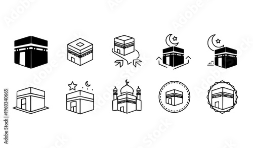 Kaaba Icon Collection Vector Black Silhouette Variations with Qibla Crescent and Islamic Symbols for Eid Hajj and Umrah