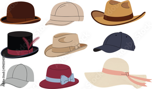 Vector, illustration, of, various, hat, styles, including, cowboy, hat, fedora, top, hat, baseball, cap, sun, hat, and, bowler, for, fashion, design