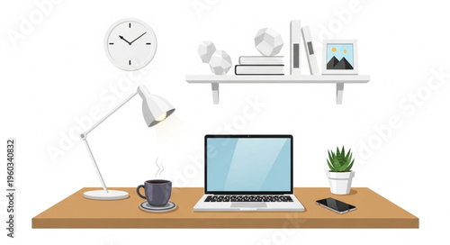 Cozy Home Office Setup with Laptop, Coffee, and Desk Lamp.