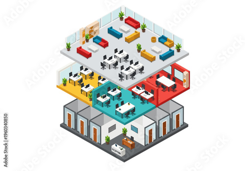 Isometric view of a multi-level office building interior with different departments and amenities