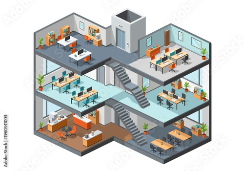 Isometric view of a modern office building interior with cubicles, meeting rooms, and reception area