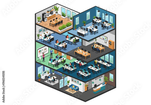 Modern open-plan office layout with multiple floors, showcasing collaborative workspaces and individual desks