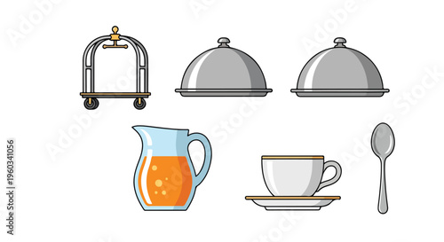 Flat lay illustration of hotel service icons including a luggage cart, covered dishes, juice pitcher, tea cup, and spoon on a white background.