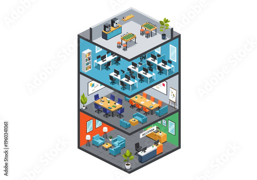 Isometric view of a modern office space with multiple floors, meeting rooms, and individual workstations