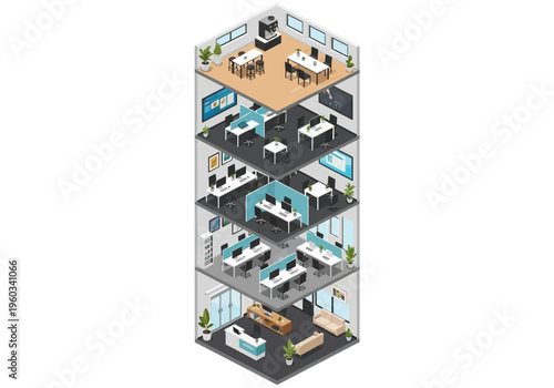 Isometric view of a modern office building with multiple floors, showcasing workstations, meeting rooms, and reception area