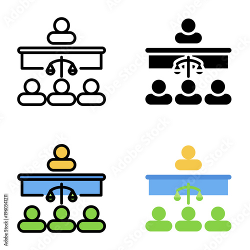 Courtroom icon collection of various styles for design branding, print and digital media