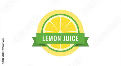 Lemon Juice Label Design with Fresh Citrus Slice and Green Ribbon.