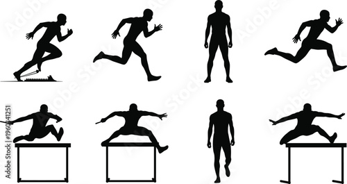 Athlete silhouette sequence showing sprinting start, running motion, standing pose and hurdle jump action isolated on white background, dynamic sports training concept illustration