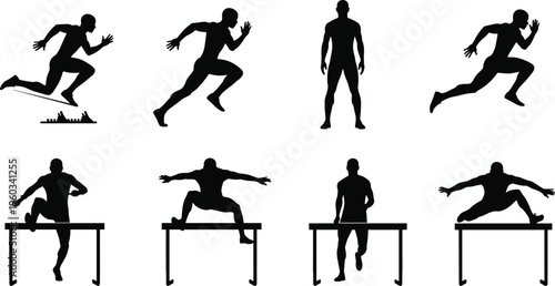 Athlete silhouette sequence showing sprint start, running motion and hurdle jump exercises isolated on white background, track and field training and fitness concept illustration
