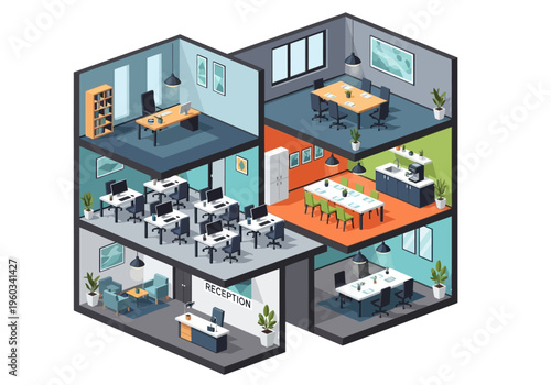 Isometric view of a modern office building with multiple floors and meeting rooms, depicting workspace and collaboration