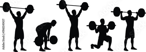 Athlete silhouette weightlifting sequence showing barbell deadlift, clean and press, overhead lift and lunge exercise isolated on white background, strength training concept