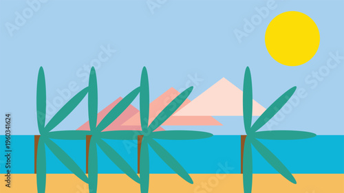 Wind Turbines by the Beach: Illustrative windmills gracefully stand on a sandy beach, their blades reaching towards the sun, with a mountain range backdrop, in a serene and eco-friendly setting.