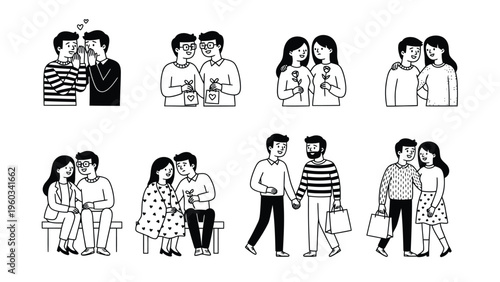 Diverse couple relationships in various affectionate moments: line art illustrations of love, partnership, and togetherness