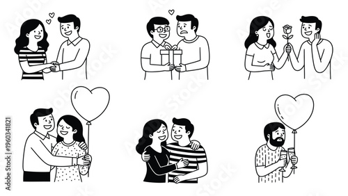 Sweet illustrations of diverse couples in love, showing affection, giving gifts, and celebrating romance