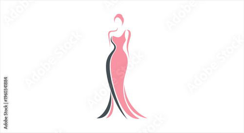 Elegant woman in a flowing pink gown, fashion illustration.