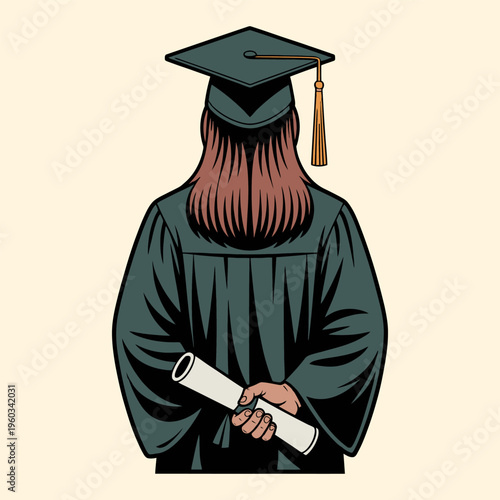 Graduate Holding Diploma Back View Illustration