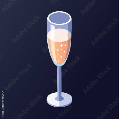 Isometric Champagne Flute Illustration with Bubbly Sparkling Drink for Celebration and Party Events