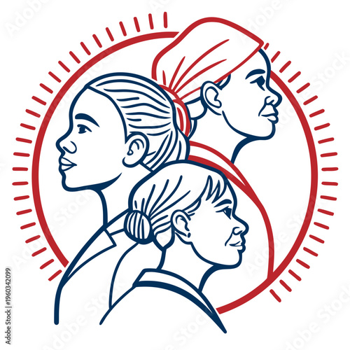 Three diverse women profiles in line art circle with red accent lines represent female empowerment community togetherness and cultural inclusivity