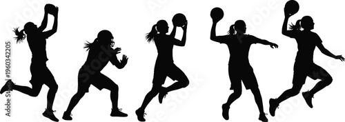 Female basketball player silhouette sequence showing dribbling, running, jumping and shooting action isolated on white background, sports training and competitive game concept