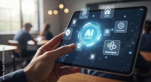 Person holding tablet with AI interface in classroom setting