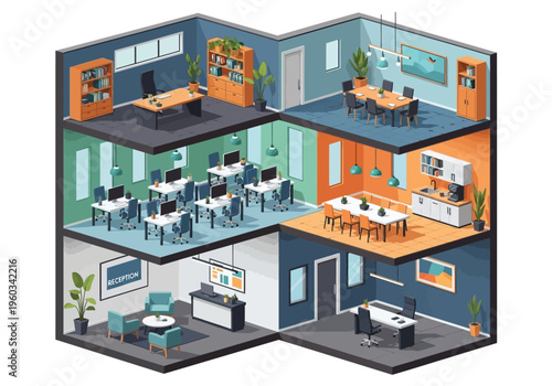Isometric view of a modern office interior with multiple rooms and workstations