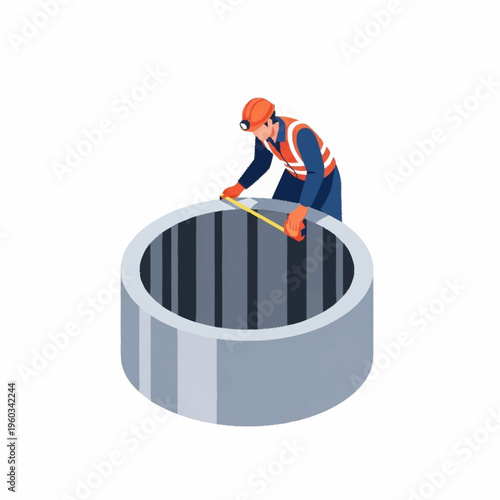 Worker measuring a concrete well ring for construction.