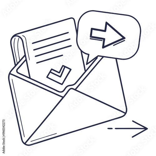 Open envelope with document and checklist icon showing successful email delivery or verified message transmission for corporate communication tasks